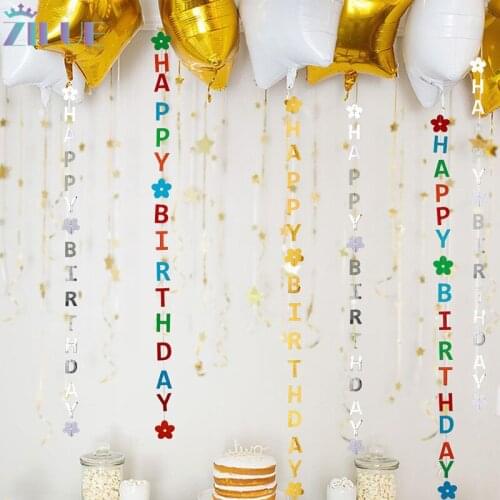 Zilue 1Pcs Flower Paper Garlands Happy Birthday Decor Kindergarten Childrens Room Baby Birthday Party Gold Letter Decoration