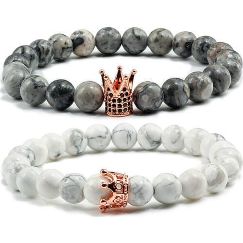 2Pcs/set Charm Crown Bracelets for Men Couple Elastic Rope Bangles Natural Lava Stone Beads Accessories High Quality Lover Gift