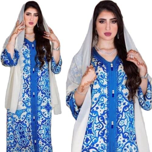 2021 Blue Flower Printed Robe Abaya Dubai Ramadan Middle Eastern Muslim Dress Abhaya Middle East Islamic Clothing Jilbab Abaya