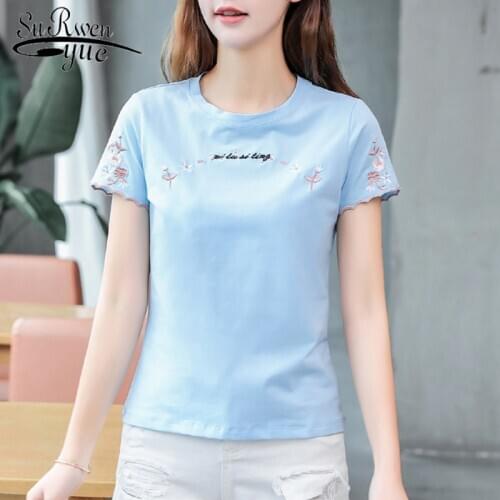 2021 Fashion Summer Blouse Women Short Sleeve Round Neck Letter Floral Embroidery Pink Fashion Clothing Female Plus Size 8590 50