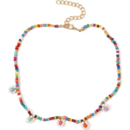 2021 New Korea Lovely Flowers Colorful Beaded Charm Statement Short Choker Necklace for Women Vacation Jewelry