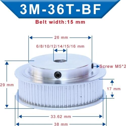 3M-36T Pulley BF shape Bore 6/8/10/12/14/15/16 mm Aluminum pulley wheel Slot Width 17 mm For 3M-Rubber Timing Belt Width 15 mm