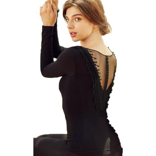 Free Shipping Breathable Thermal Underwear Lightweight Lace V Neck Embroidery Set Women Winter Top and Bottom 3SZ60050