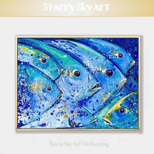 Free Shipping Artist Hand-painted Abstract Fishes Oil Painting on Canvas Beautiful Blue Fish Picture Oil Painting for Wall Decor