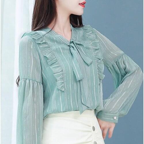 Blusas Mujer De Moda 2021 Blouse Women Bow V-neck Striped Chiffon Blouse Shirt Women Blouses Long Sleeve Women Shirts Tops D422