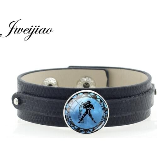 JWEIJIAO Aquarius Taurus Sagittarius Guardian Zodiac Bracelets Fashion Snap Button Black PU Leather Birthday Party Bangles D1145