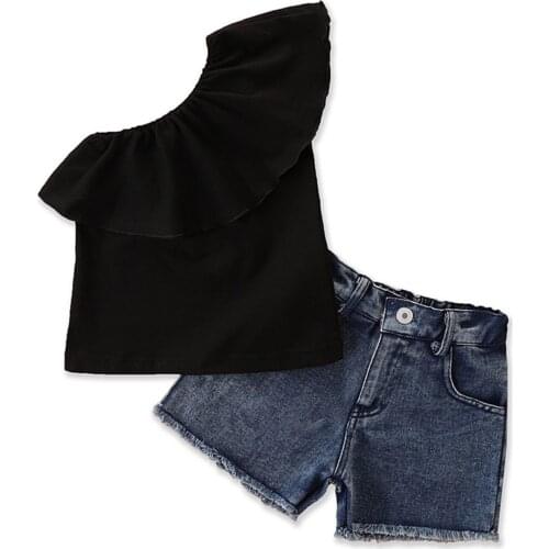 New Girl’s T-shirt and Shorts Set Fresh Solid Color One-shoulder Ruffles Tops and Denim Short Pants
