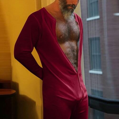 Mens Fashion Sexy Breasted Onesies Long Sleeve Solid Color Long Jumpsuit Mens casual home comfortable Jumpsuit for man #4