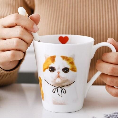 Cat Mug Coffee Tea Cups Travel Kitchen Utensils Porcelain Animal Mugs and Cups Tableware Cute Bone China with Lid & Spoon 450ml