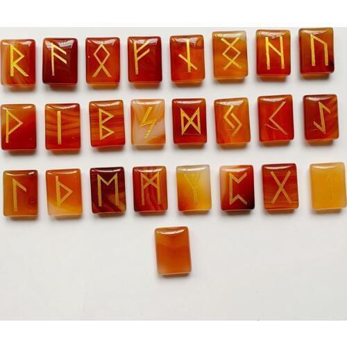 25pcs Red Carnelian Stone Crystal Red Agate Rune Stones Set Lettering Wiccan Pagan Amulets Nordic Runes Free Bag