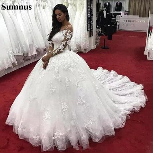 Sumnus Lace Wedding Dresses 2020 Sheer Neck Long Sleeves Lace Appliqued Princess Bridal Dress Wedding Gowns