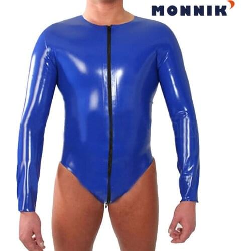 MONNIK latex Sexy Latex Men Thong Bodysuits Rubber Leotard With Long Gloves Front Zipper