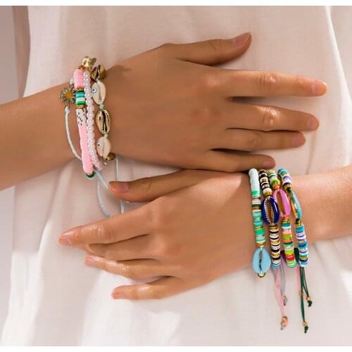 New Trendy Summer Shell Conch Pearl Beaded Bracelets Female Boho Multicolor Layered Evil Eye Bracelet Sets Statement Jewelry
