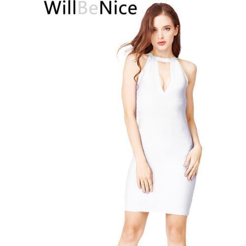 WillBeNice 2019 Sexy Blue White Hollow Halter Sexy Spaghetti Deep V Neck Bodycon Club Bandage Dress Vestido Vendaje Bandage Cub