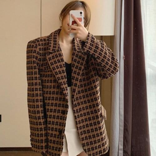 Womens Vintage Autumn Winter Plaid Suit Coat High Street Thick Blazer Outwear Ladies Office Wear Suit Jacket Top