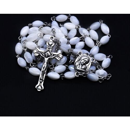 QIGO Jesus Cross Long Shell Beads Rosary Necklace For Men Women Catholic Religious Prayer Jewelry New