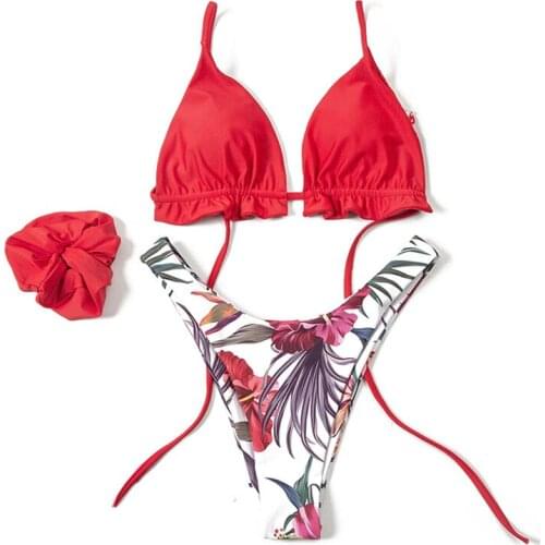 Sexy Womens Bikini Suits Ladies Backless Bathing Suit Beach Clothing Solid Lace-up Camisole And Printed High Waist Trunks