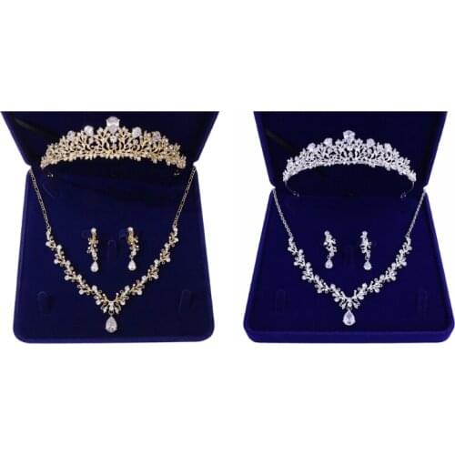 U2JF Wedding Bridal Crystal Cluster Zircon Necklace Dangle Earrings Crown Tiara Jewelry Set with Gift Box (Silver/Gold)