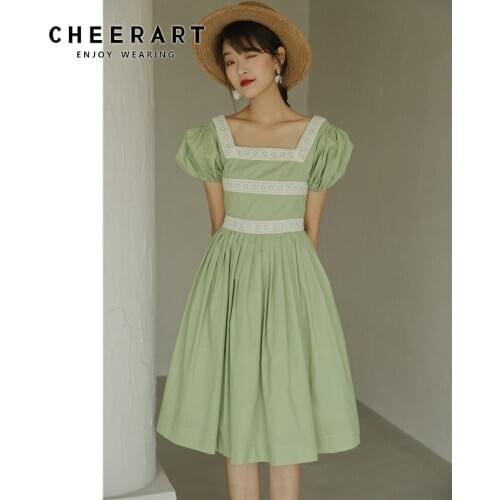 CHEERART Vintage Green Cotton Square Neck Tunic Dress Women Puff Sleeve Fit And Flare Short Sleeve Korean Summer Dress 2020