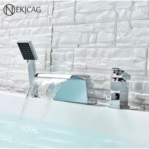 Waterfall Bathroom Bathtub Faucet Deck Mounted Single Handle with Hand Shower Chrome Hot and Cold Water смеситель в ванну