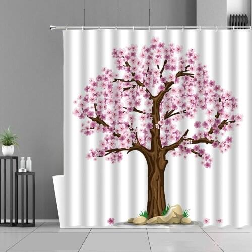 Scenery Tree Peach Blossom Printing Shower Curtain Plant Flower Landscape Bathroom Decor Curtains Waterproof Polyester Fabric