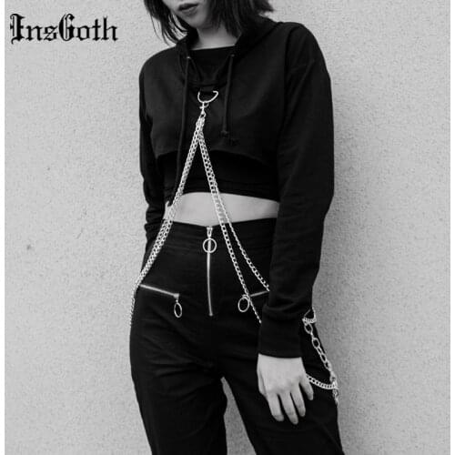 InsGoth Punk Metal Chain Solid Black Hoody Harajuku Hooded Cropped Tops Goth Grunge Long Sleeve Women Hoodies Streetwear