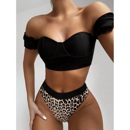 Women Bikini Short Sleeve Tube Top Bikini New Ladies Split Swimsuit Black