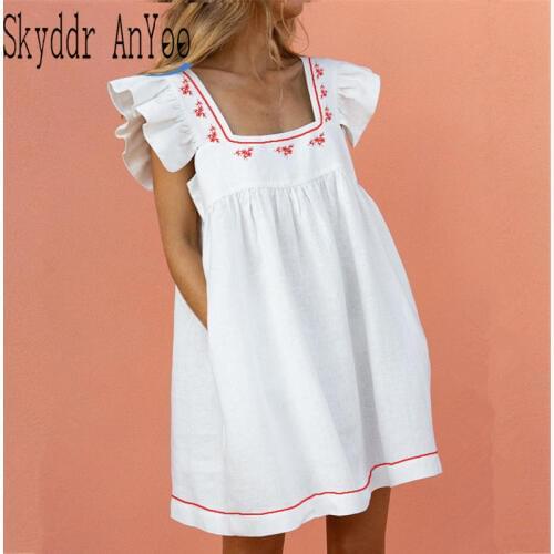 Summer Dress 2020 Woman Mini White Dress Square Neck Butterfly Sleeve Korean Cute Dresses For Women Casual Loose Elegant Dress