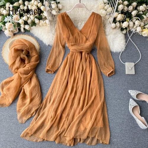 Women Chiffon Dress Autumn Retro Puff Sleeve V Neck Elegant Solid Dress+Silk Scarf Korean A-line Holiday Dress