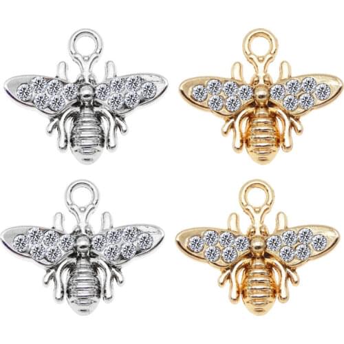4pcs Alloy Bee With Rhinestone Pendant Key chain Necklace Gold Silver Color Animal Charms Bracelet Making Findings 20*17mm