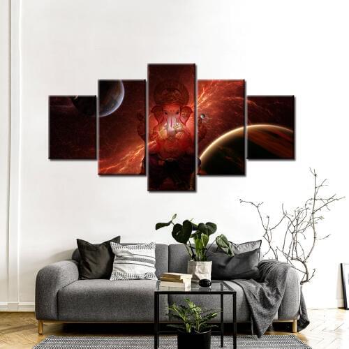5 Panel Canvas Painting HD Hindu God Ganesha with Planetary landscape wall Art Modular poster for living room home Decor