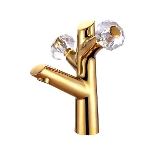 Free ship solid brass TI-Gold Bathroom Crystal Double Handles Basin Mixer Tap bathroom basin sink faucet TAP NEW single hole