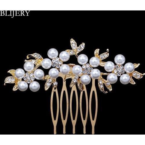 BLIJERY Gold Color Pearls Crystal Floral Bridal Hair Combs for Women Headpiece Hair Jewelry Party Wedding Hair Accessories