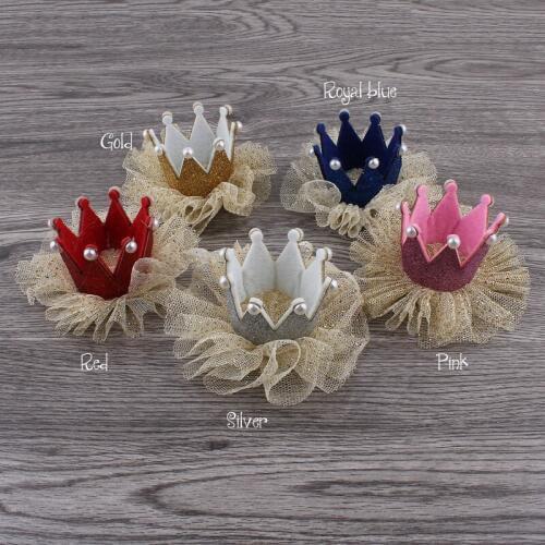 120pcs/lot 5colors Newborn 3D Felt Kids Crown+Mesh Flower For Girls Hair Accessories Glitter Felt Crown For First Birthday Hat