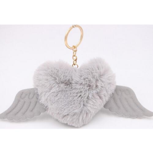 Cute Girls Fluffy Rabbit Fur Angel Wing Keychain Women Pompon Heart Fur Ball Key Ring Car Bag Pompom Trinket Jewelry Party Gift