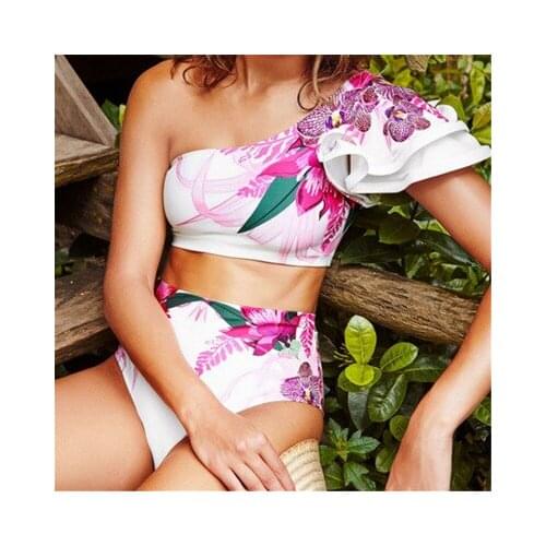 Summer Womens Swimsuit 2021 High Waist Floral Ruffles Swimwear One Shoulder Two Pieces Bikini Set Summer Bathing Suit Biquini