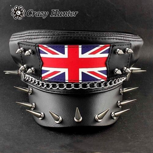 Mens Long Spike Real Leather Hat Biker Punk Rock Hat UK Flag Cap CH1