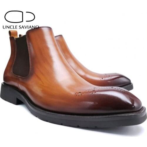Uncle Saviano Chelsea Genuine Leather Light Luxury Winter Mens Work Boots Shoes Add Velvet Fashion Designer Shoes for Men