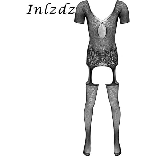 Mens Lingerie Body Pantyhose See Through Sheer Mesh Hollow Out Fishnet Footed Stretchy Body Pantyhose Tights Full Body Stocking