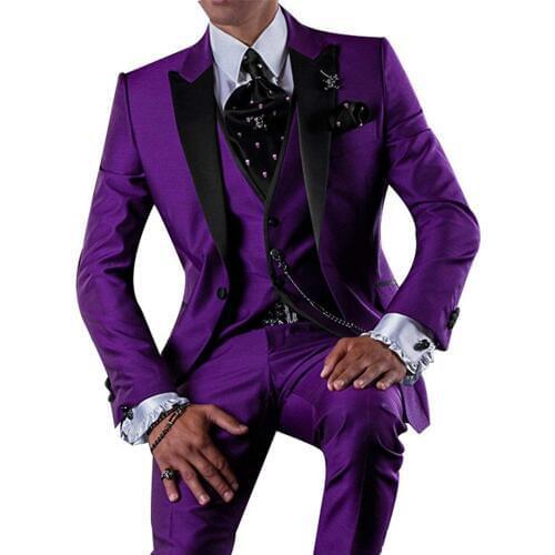 Men Suit Purple 3 Pieces Formal Party Suits Slim Fit Blazer Jacket Vest & Pants Wedding Dress Suit