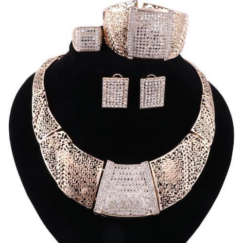 Gold Color Bridal Jewelry Sets Crystal Wedding Necklace Bracelet Ring Earrings Sets Engagement Jewelry Accessories