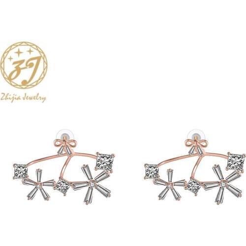 Zhijia new trendy flower rhinestone bowknot rose gold silver women stud earrings jewelry gifts wedding party accessories