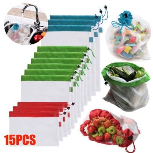 12 15Pcs Solid Convenient Reusable Mesh Produce Bags Grocery Fruit Vegetable Storage Shopping Eco-friendly Mesh Bag