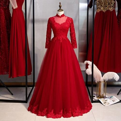 Bespoke Occasion Dresses Illusion High Full Sequined Pearls Embroidery Tulle Lace Luxury Burgundy Lady Formal Evening Gown HB183