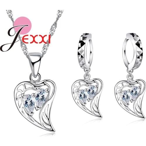 Romantic Gifts for Lover Shiny 925 Sterling Silver Heart Necklace Earrings Set Wedding Anniversary Jewelry Sets Bijoux