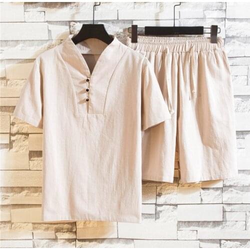 Shirt + trousers) 2021 summer fashion men shirt Man Cotton and linen shirts Short sleeve mens casual shirts men size M to 5XL