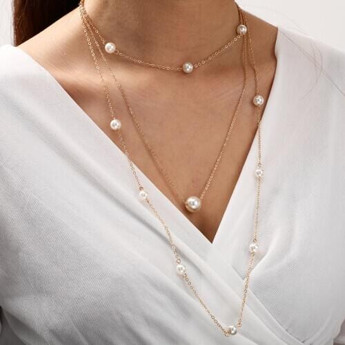 Tocona Elegant Statement Pearl Stone Long Necklace Women Charm Gold Color Personality Choker Jewelry Gift bijouterie 9177