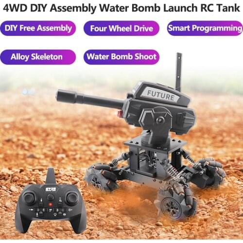 4WD Smart Programming Water Bomb Shoot RC Tank DIY Assembly Lifting Rotation Barrel Sound Effect Alloy Frame Electric Kid RC Toy