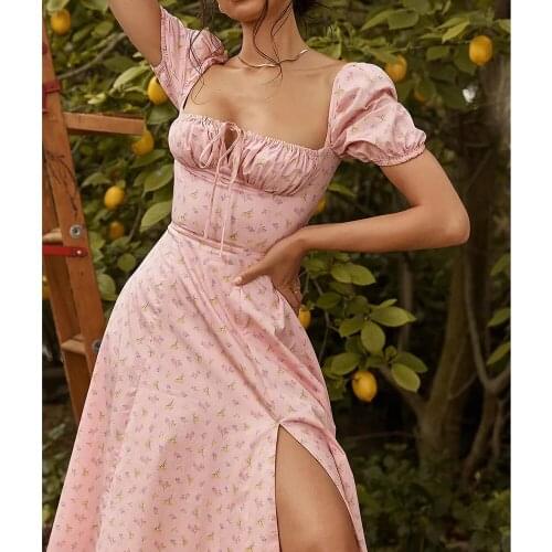 GypsyLady Vintage Floral Maxi Dress Pink Summer Holiday Maxi Dresses Women Puff Sleeve Split Sexy Chic Ladies Female Dress 2021