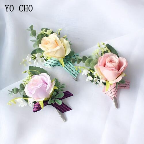 YO CHO Wedding Wrist Corsage Bracelet Bridal Flower Silk Rose Groomsman Boutonniere Buttonhole Wedding Wrist Bracelets for Women